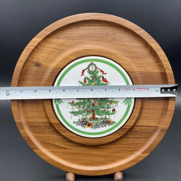 VTG Dolphin Christmas Tree Cheese Plate Board Teak Wood Tile ~12" Server Hot Dip - Picture 9 of 10